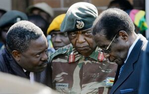 Happyton Bonyongwe, General Constantino Chiwenga and the then President Robert Mugabe in 2008 following a bloody election in Zimbabwe.